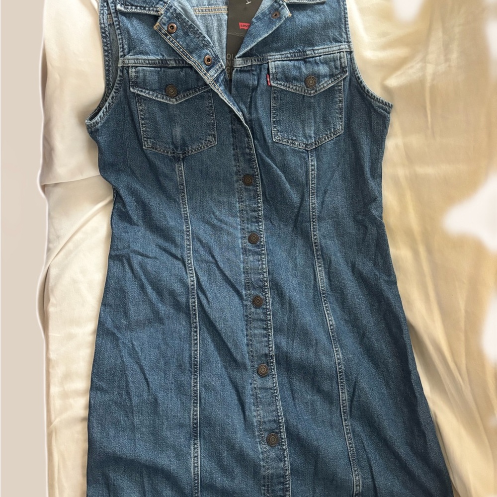Levi's Blue Sleeveless Notched Collar Shirt Dress